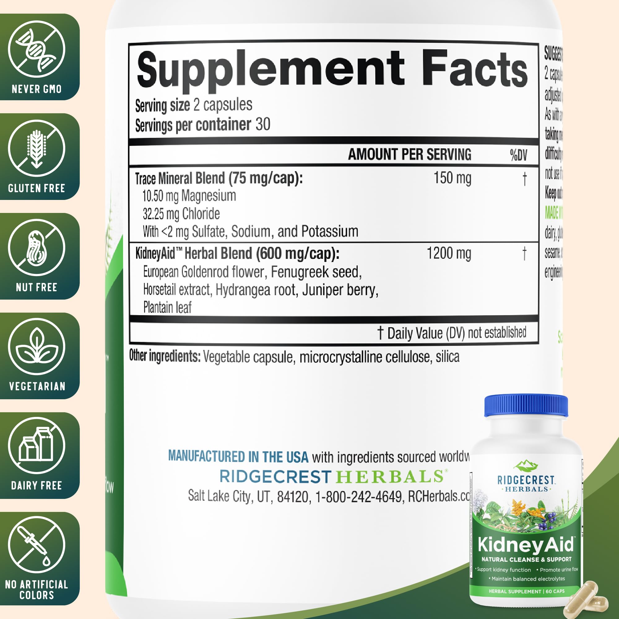 RidgeCrest KidneyAid with hydrangea root highlights herb-derived urinary health blends
