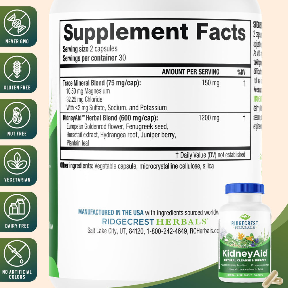 RidgeCrest KidneyAid with hydrangea root highlights herb-derived urinary health blends