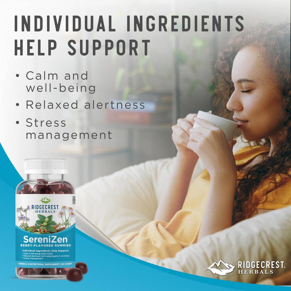 Gummies beside dried herbs emphasize natural ingredients like Ashwagandha