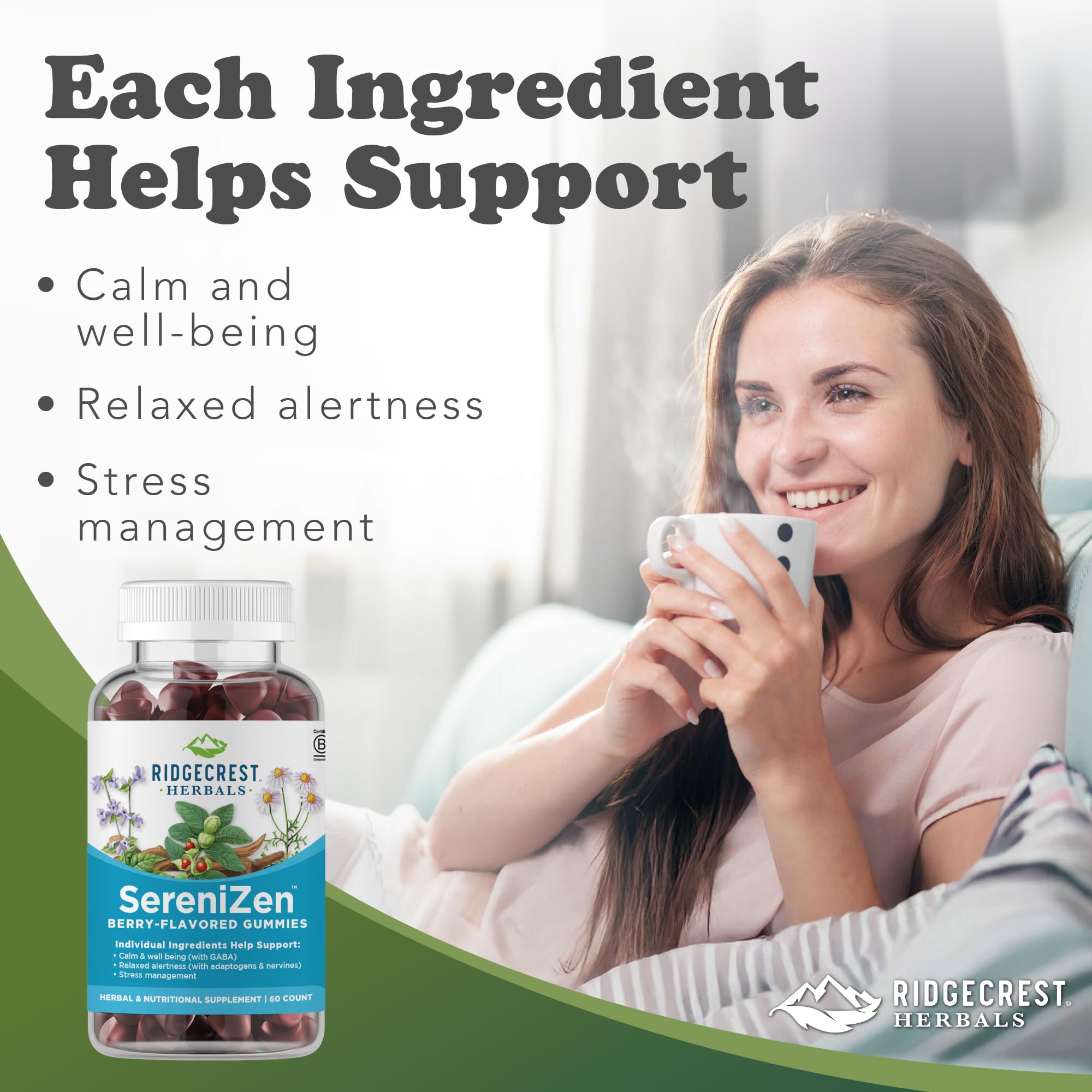 RidgeCrest SereniZen bottle back label highlights ingredients for relaxed balance