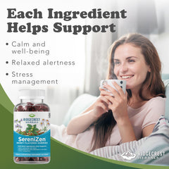 RidgeCrest SereniZen bottle back label highlights ingredients for relaxed balance
