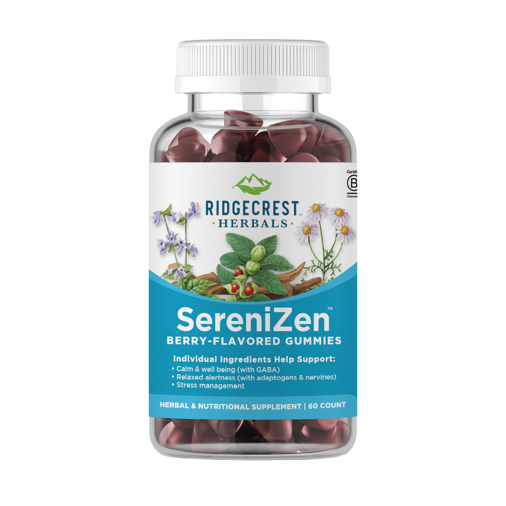 RidgeCrest SereniZen gummies bottle front showing calm daily wellness benefits