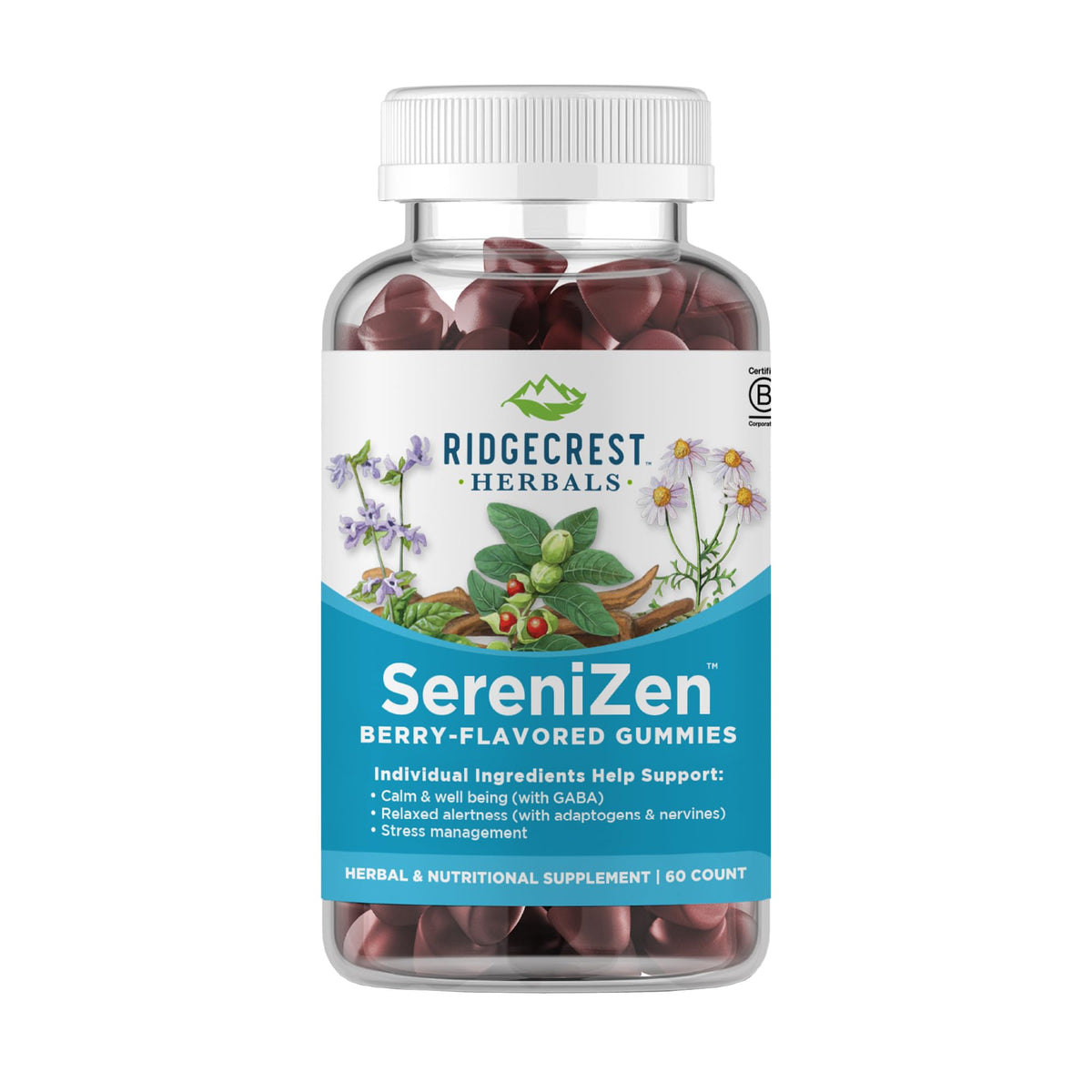 RidgeCrest SereniZen gummies bottle front showing calm daily wellness benefits