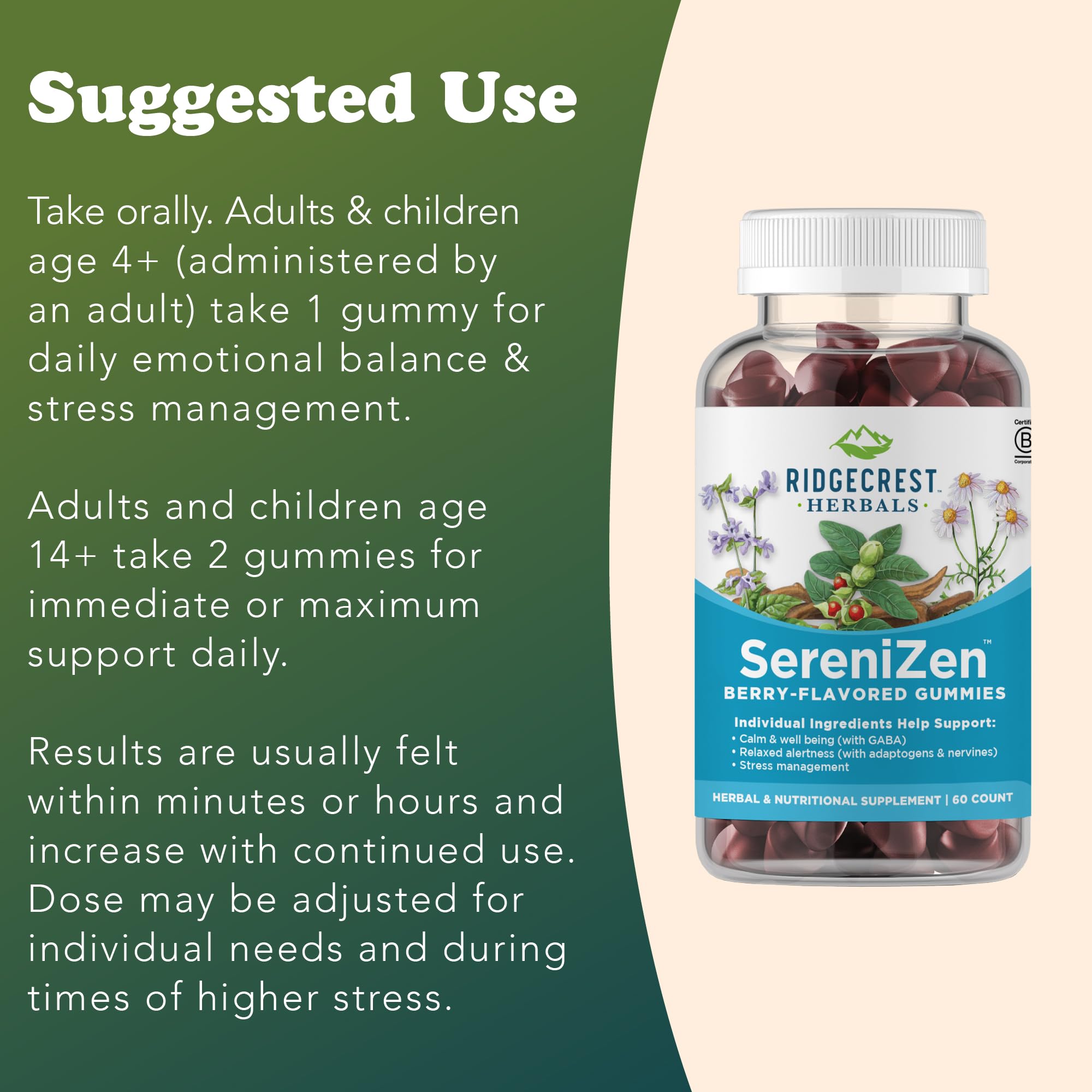 Closeup of RidgeCrest SereniZen gummies with Ashwagandha and chamomile for calm