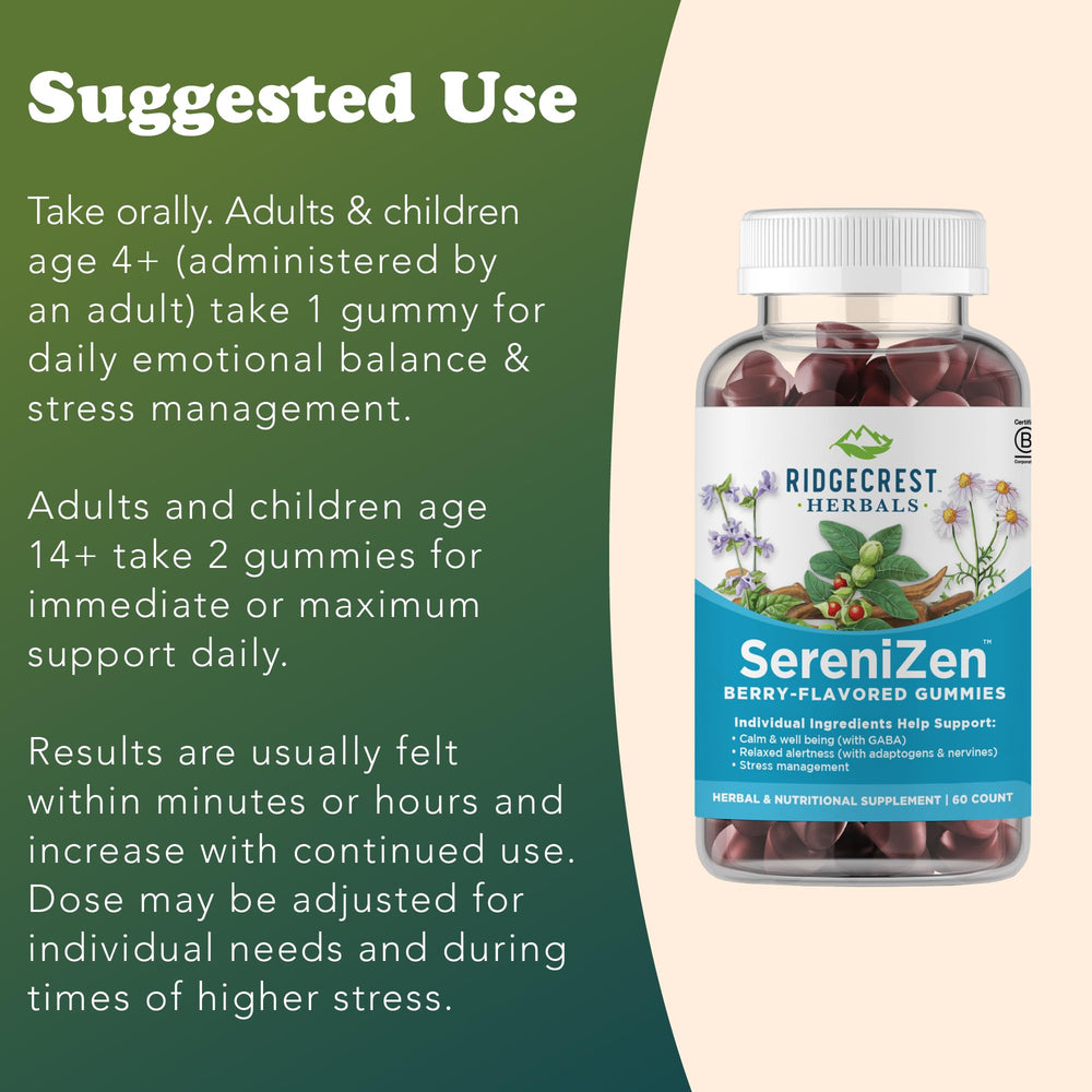 Closeup of RidgeCrest SereniZen gummies with Ashwagandha and chamomile for calm