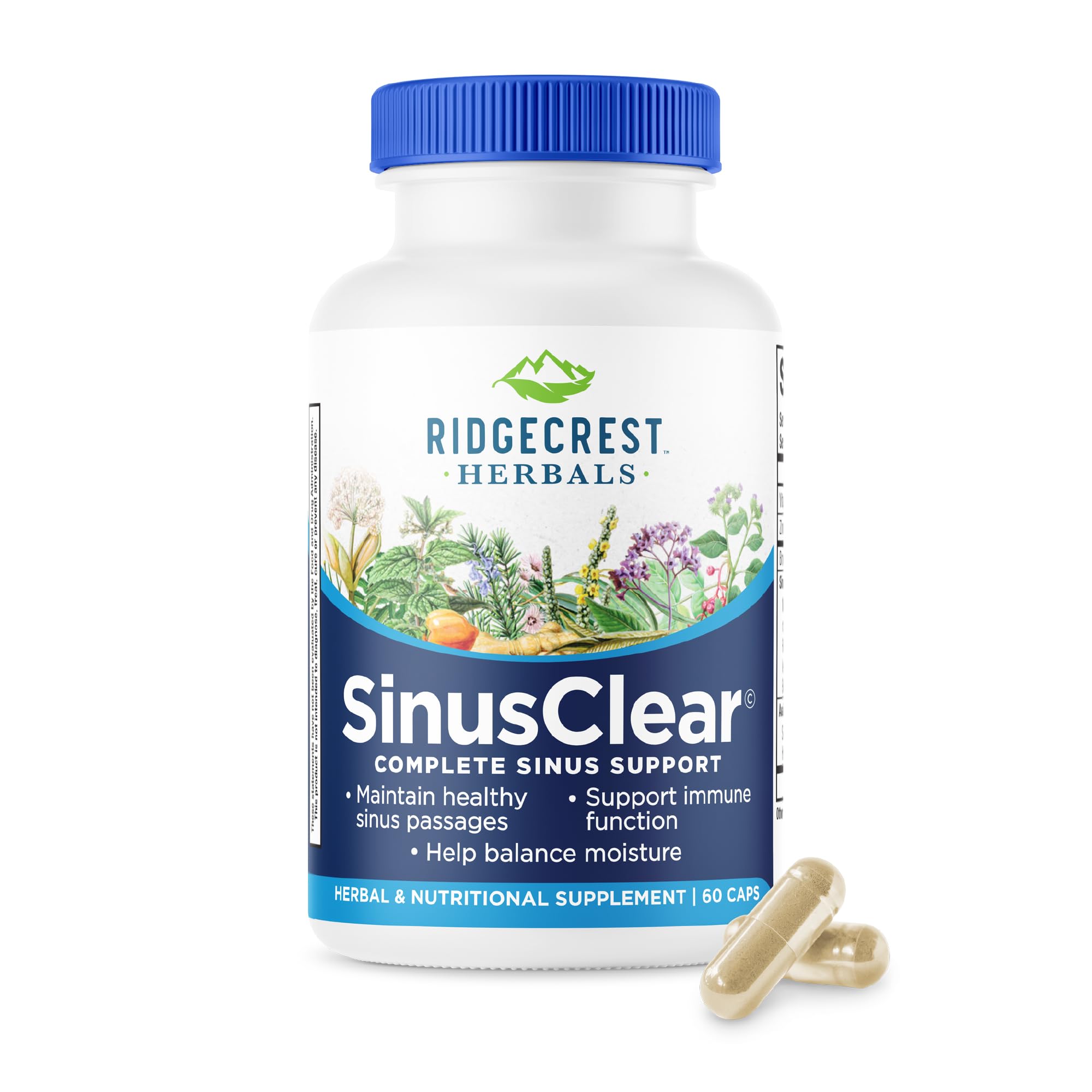 RidgeCrest SinusClear bottle front shows branding and potential nasal comfort support.