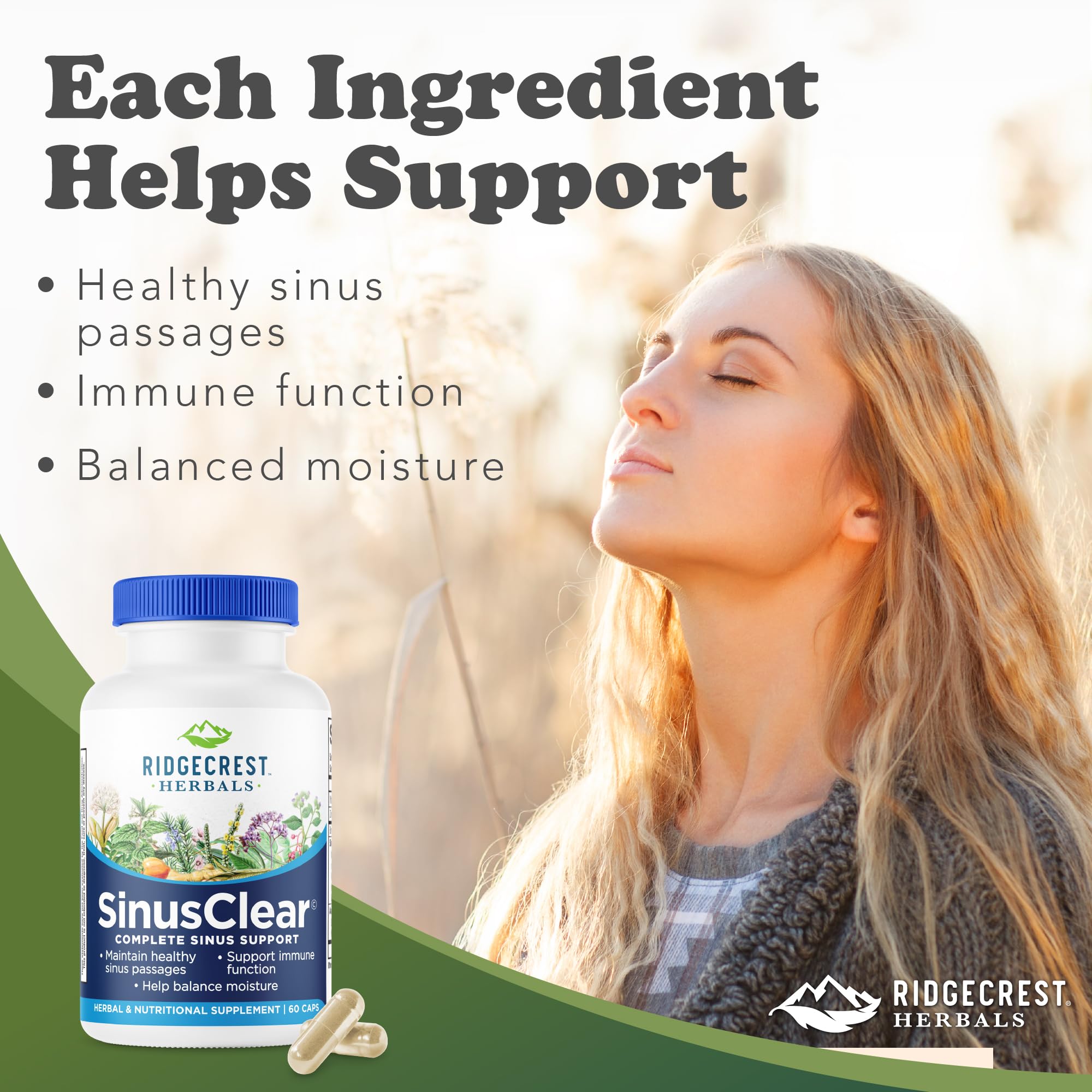 RidgeCrest SinusClear bottle side label highlights natural ingredients for daily use.
