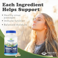 RidgeCrest SinusClear bottle side label highlights natural ingredients for daily use.