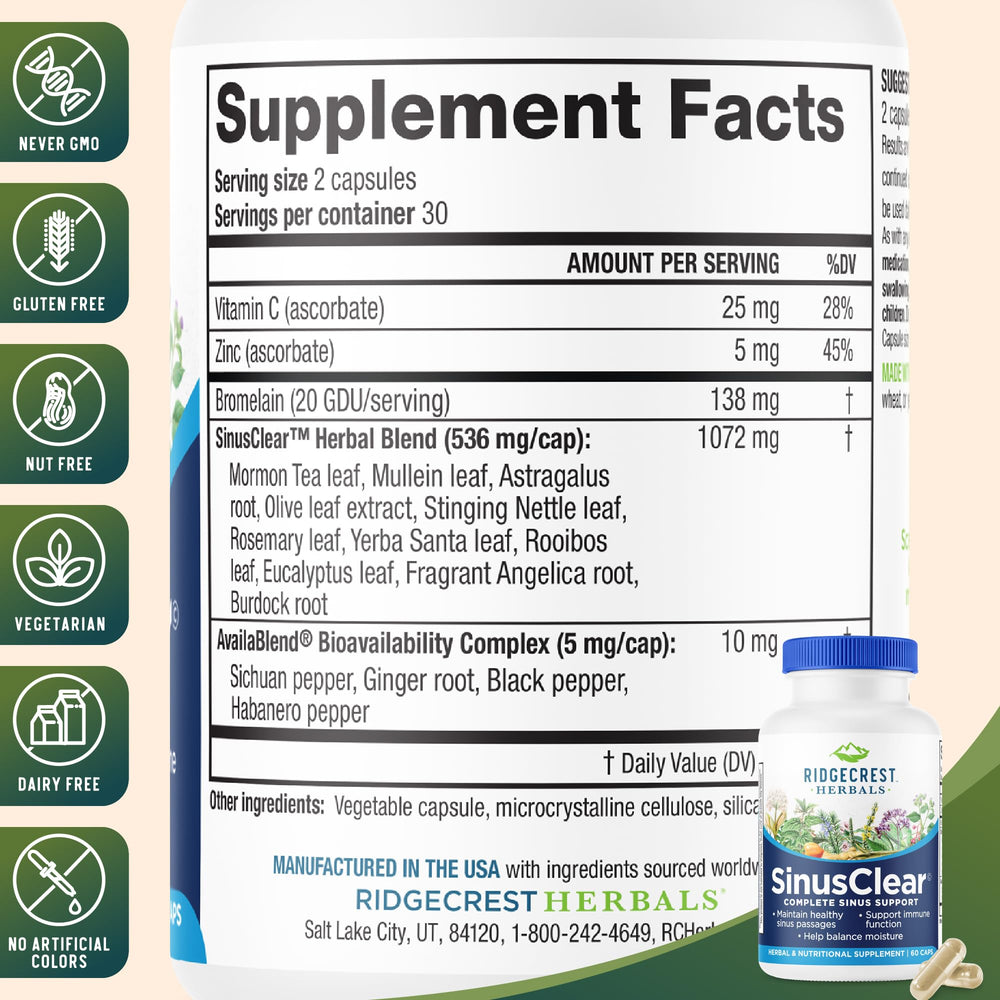 RidgeCrest SinusClear capsules close-up emphasizes easy daily dosing.