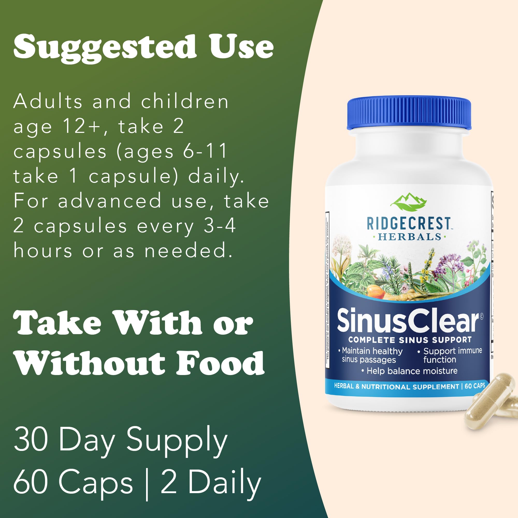 RidgeCrest SinusClear ingredients graphic displays mullein leaf and bromelain among botanicals.