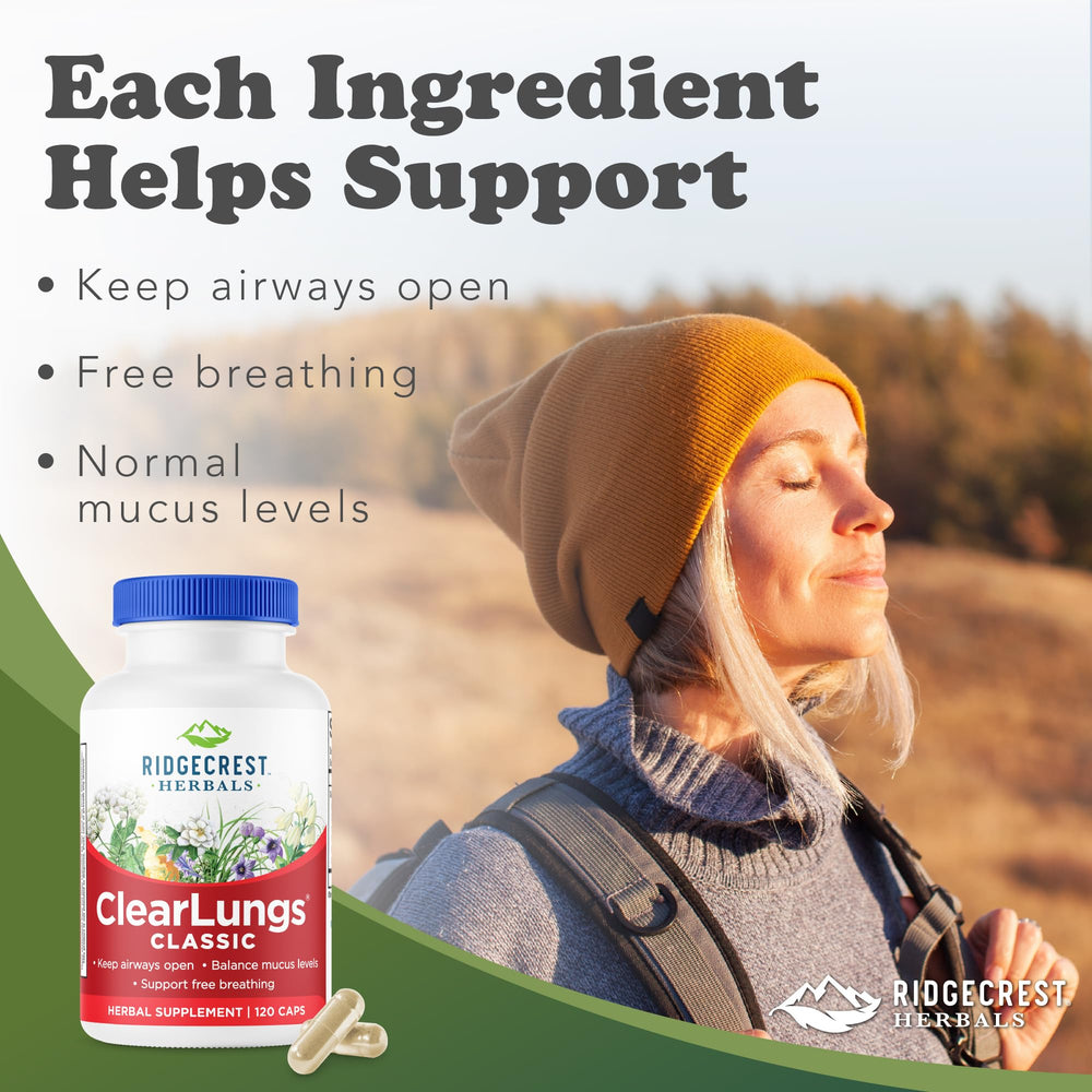 RidgeCrest ClearLungs capsules closeup highlighting convenient daily use