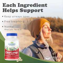 RidgeCrest ClearLungs capsules closeup highlighting convenient daily use