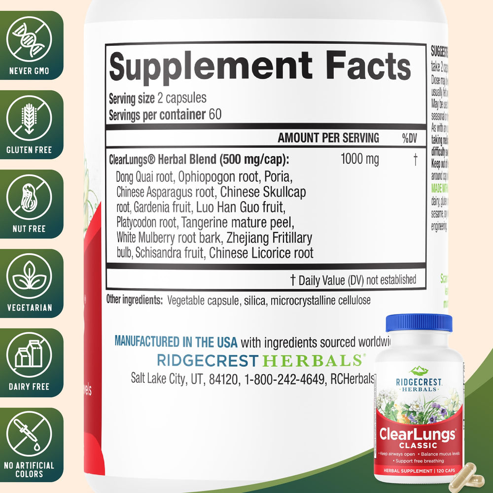 RidgeCrest ClearLungs Classic label detail showing natural ingredients
