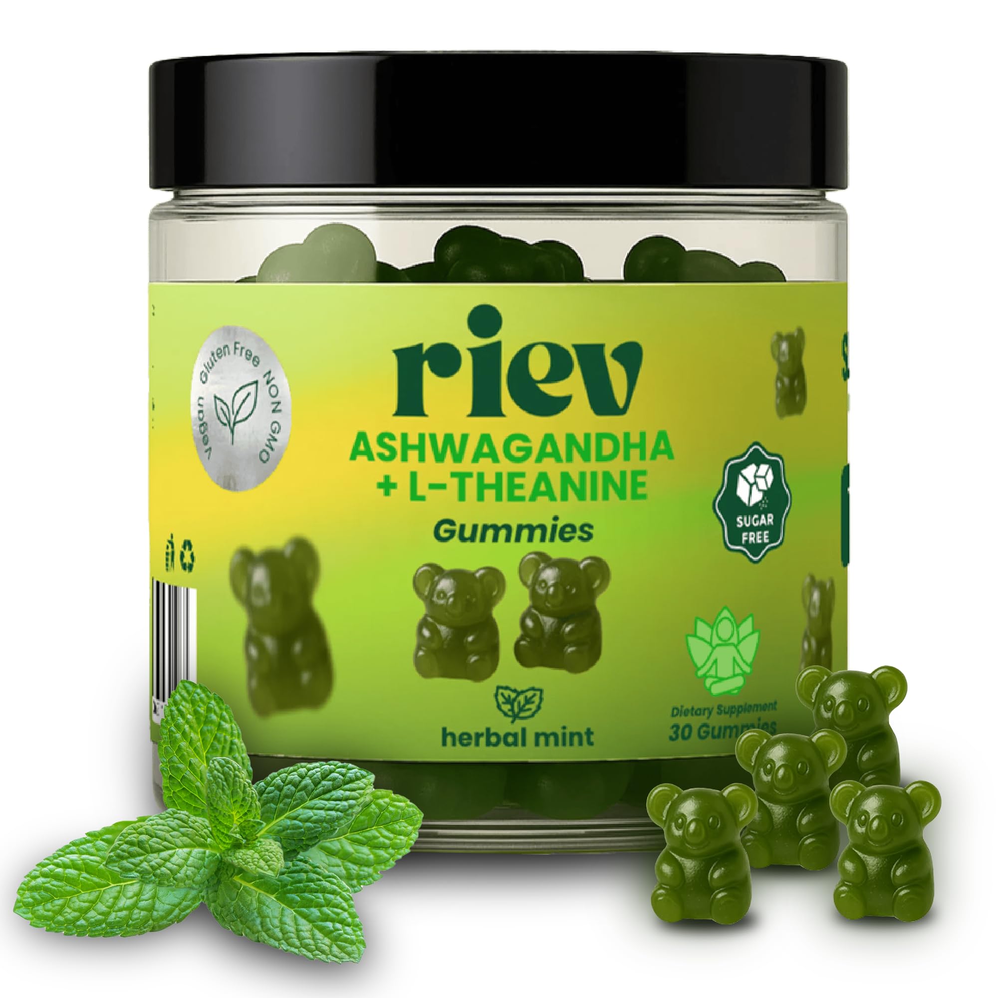Riev Ashwagandha L-Theanine gummies bottle on desk for daily focus.