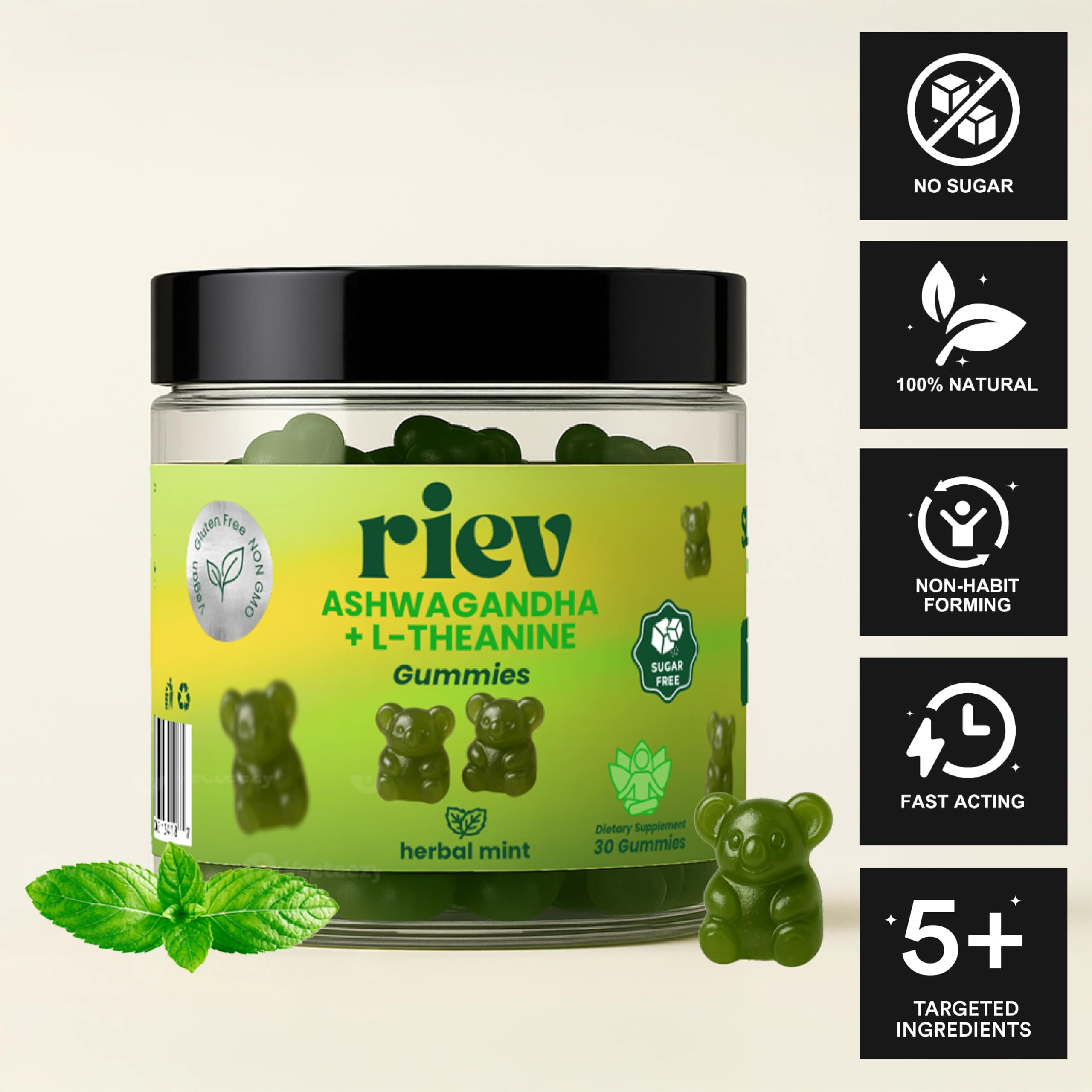 Riev Ashwagandha L-Theanine gummies close-up highlighting mint flavor for calm focus.