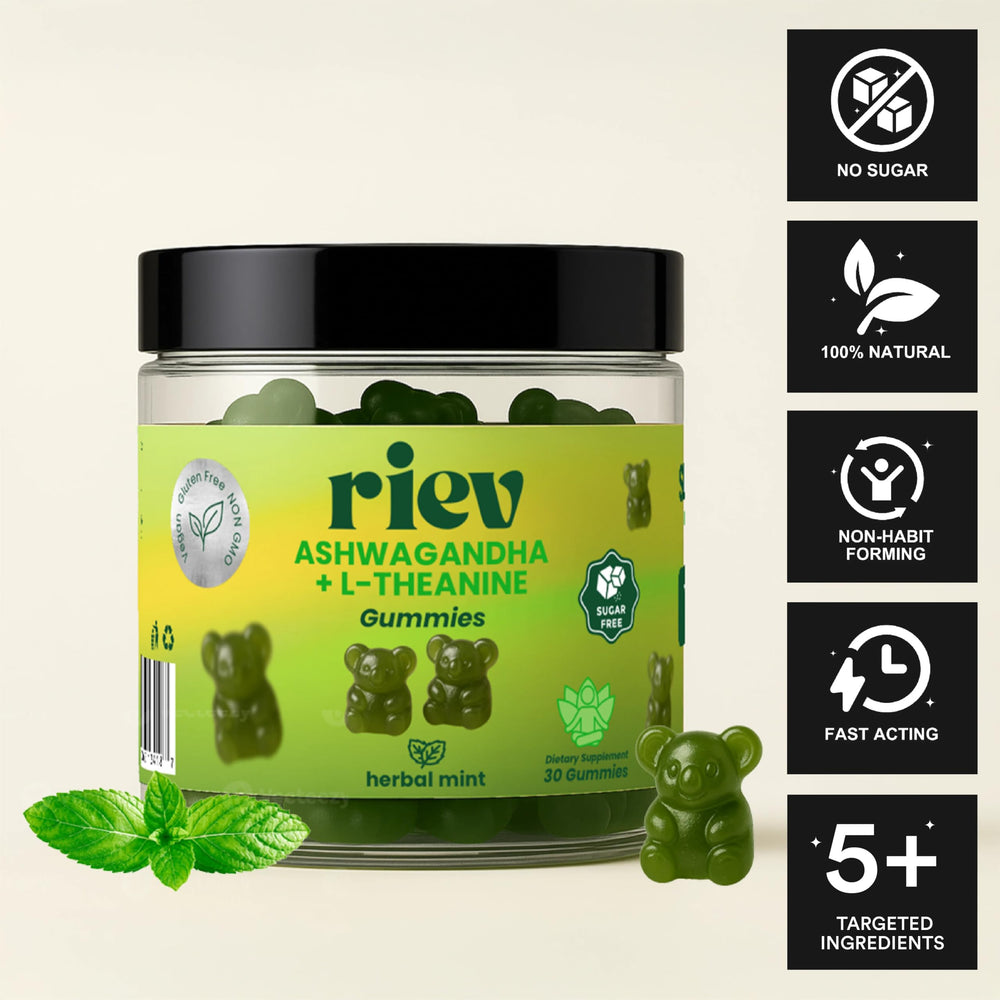 Riev Ashwagandha L-Theanine gummies close-up highlighting mint flavor for calm focus.
