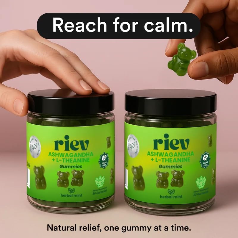 Riev Ashwagandha L-Theanine gummies in a desk setup with plant.
