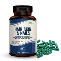 RIGHT ELEMENT Hair, Skin & Nails bottle front supports healthy hair and nails.