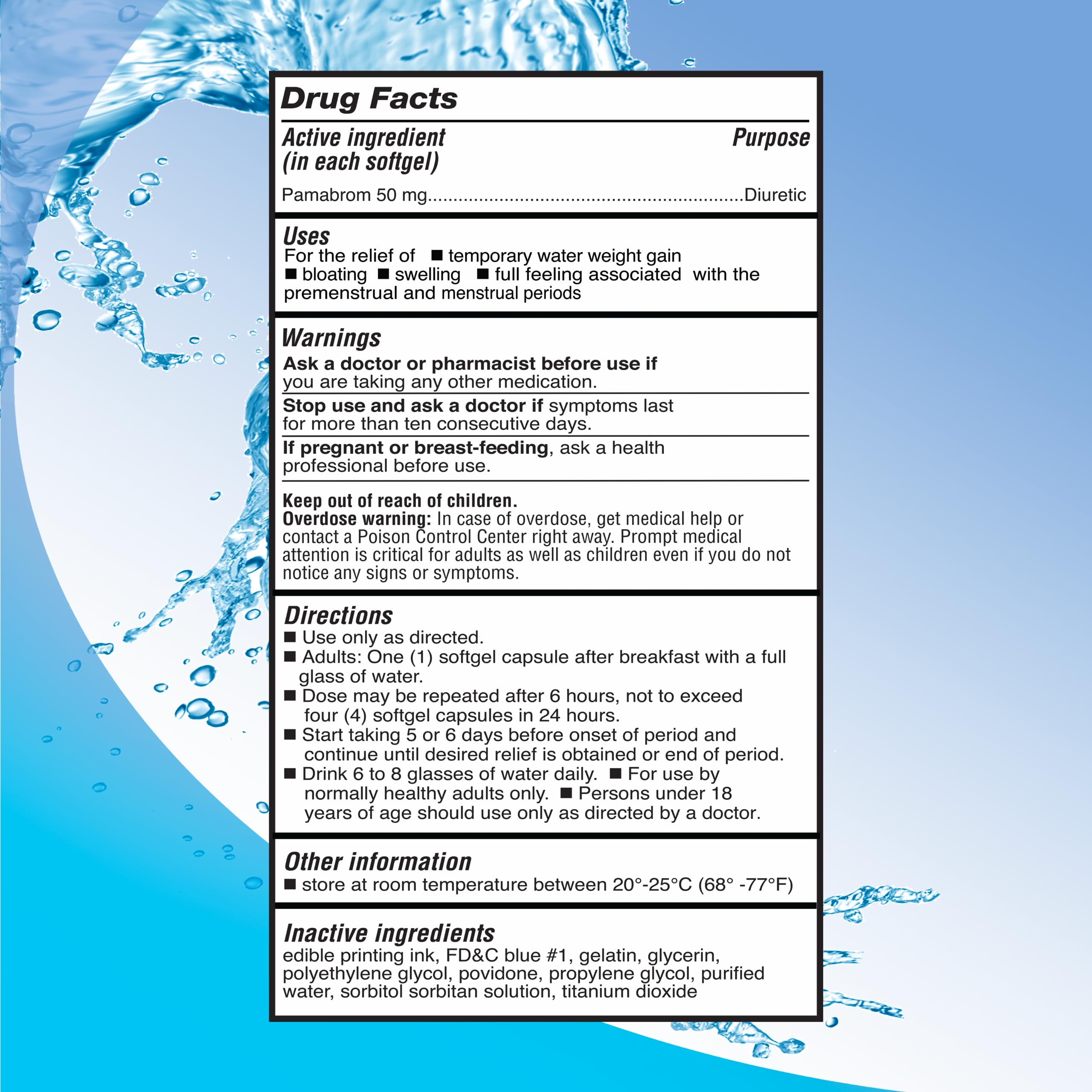 RIGHT REMEDIES pamabrom 50mg softgel closeup highlighting the active ingredient for bloating relief