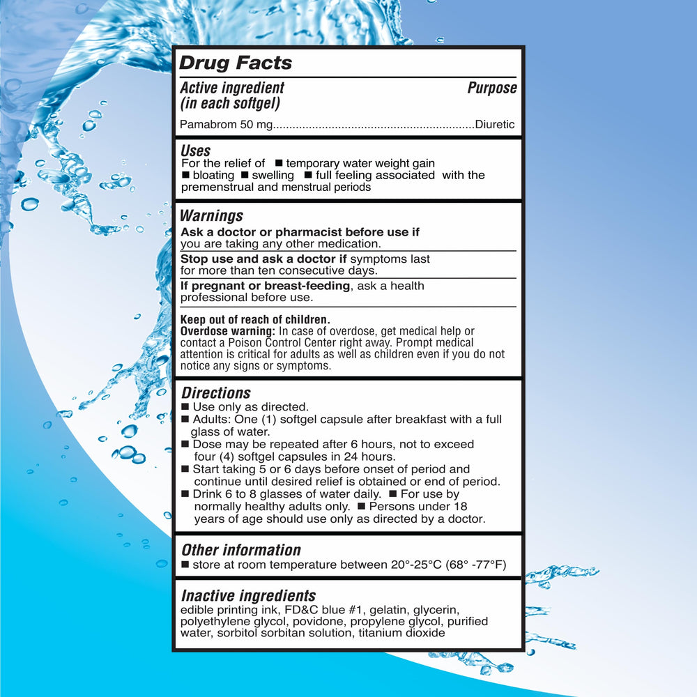 RIGHT REMEDIES pamabrom 50mg softgel closeup highlighting the active ingredient for bloating relief