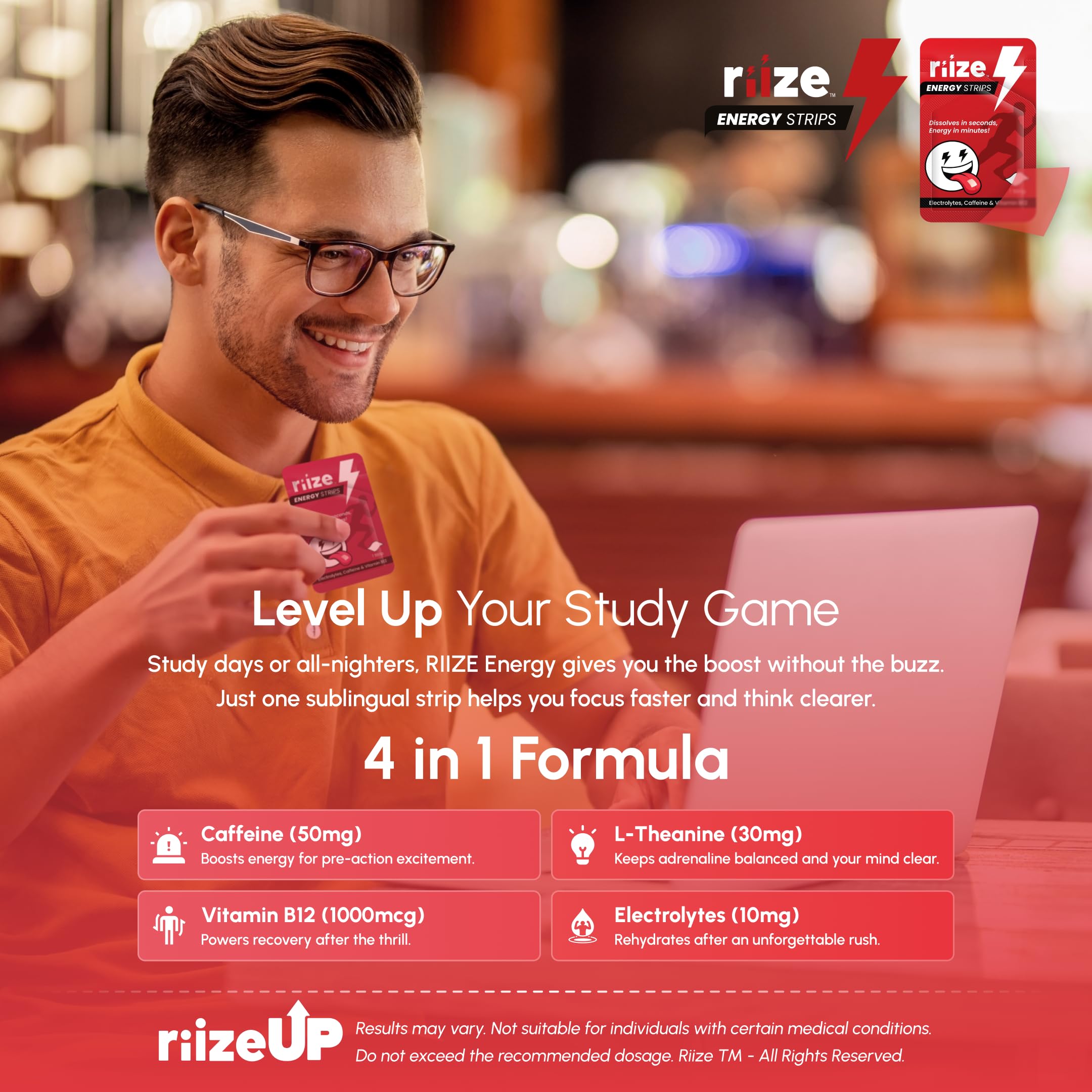 Riize Energy Strips highlight 50 mg caffeine for daytime energy.