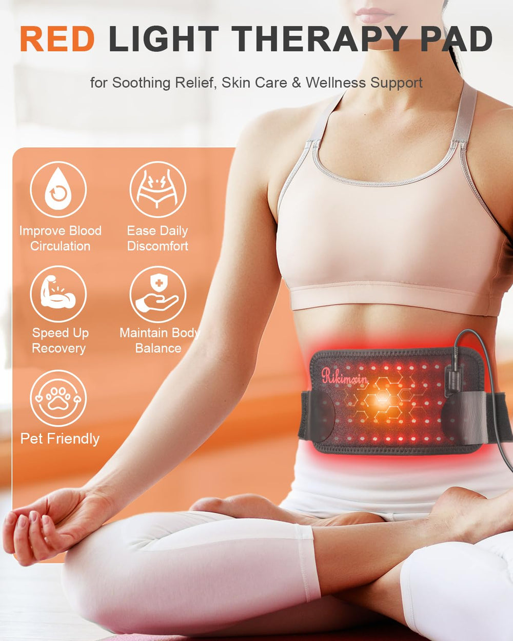 Rikimxin belt worn around the waist for hands-free, portable therapy.