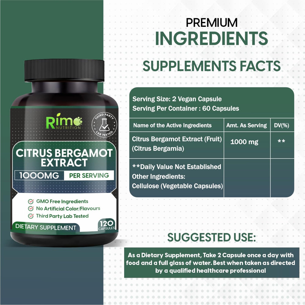 Rimo Nutrition bergamot capsules closeup, vegan and non-GMO for daily vitality