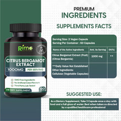 Rimo Nutrition bergamot capsules closeup, vegan and non-GMO for daily vitality