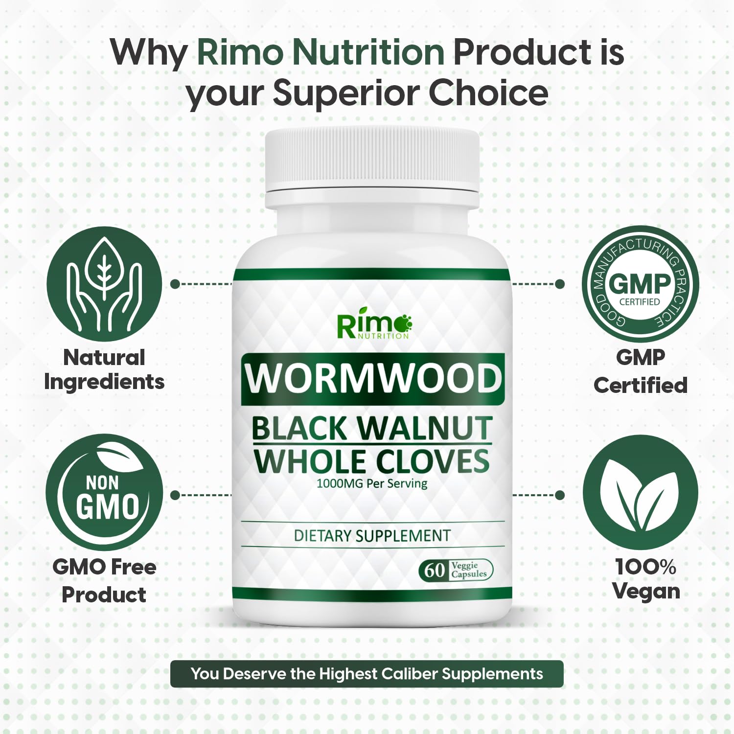 Rimo Nutrition Herbal Blend Label emphasizing non-GMO, gluten-free capsules