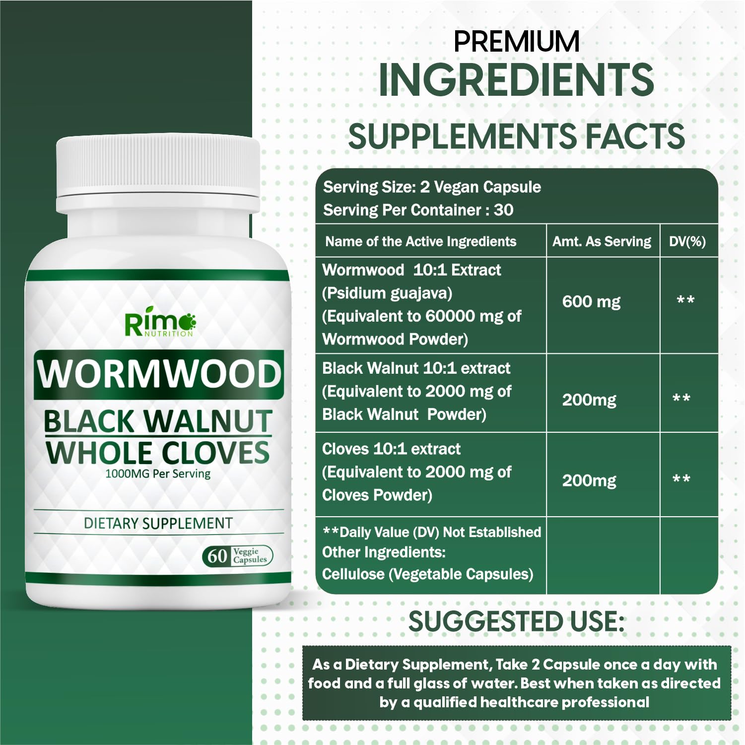 Rimo Nutrition Wormwood Capsules closeup highlighting plant-based formula for daily use