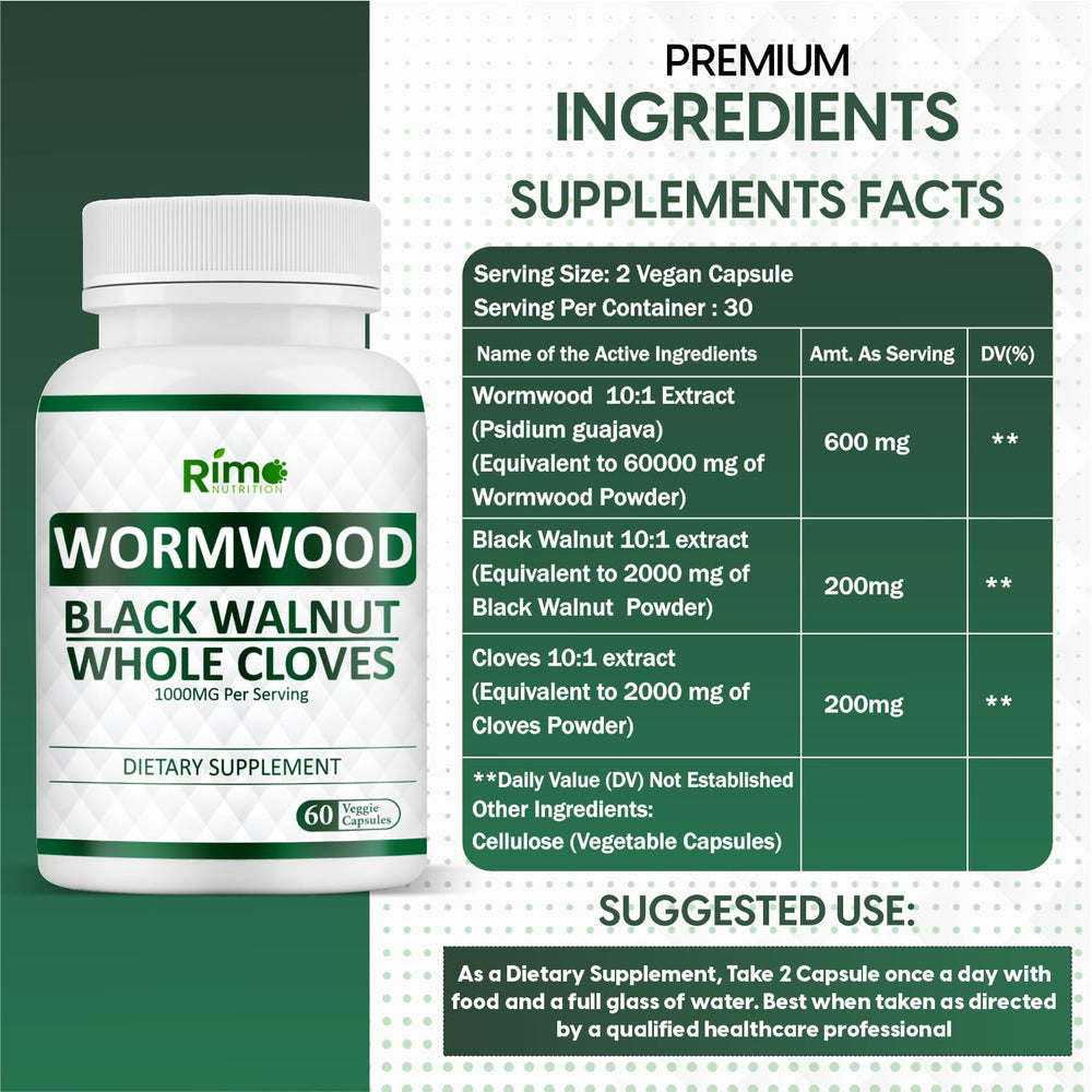 Rimo Nutrition Wormwood Capsules closeup highlighting plant-based formula for daily use