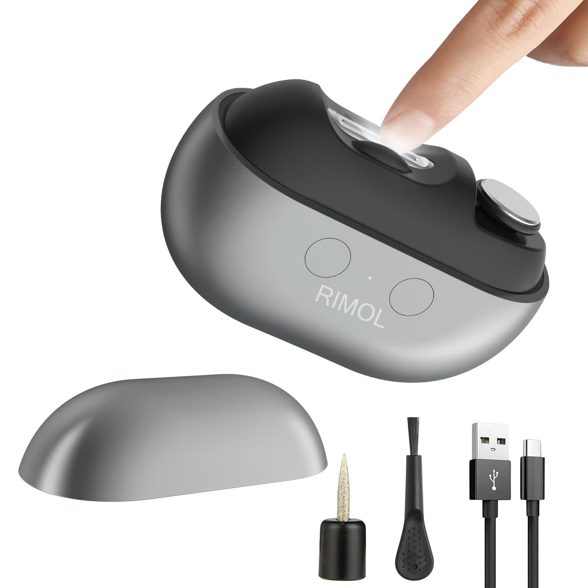 RIMOL 3-in-1 electric nail clipper front view highlighting ergonomic design for painless trimming.