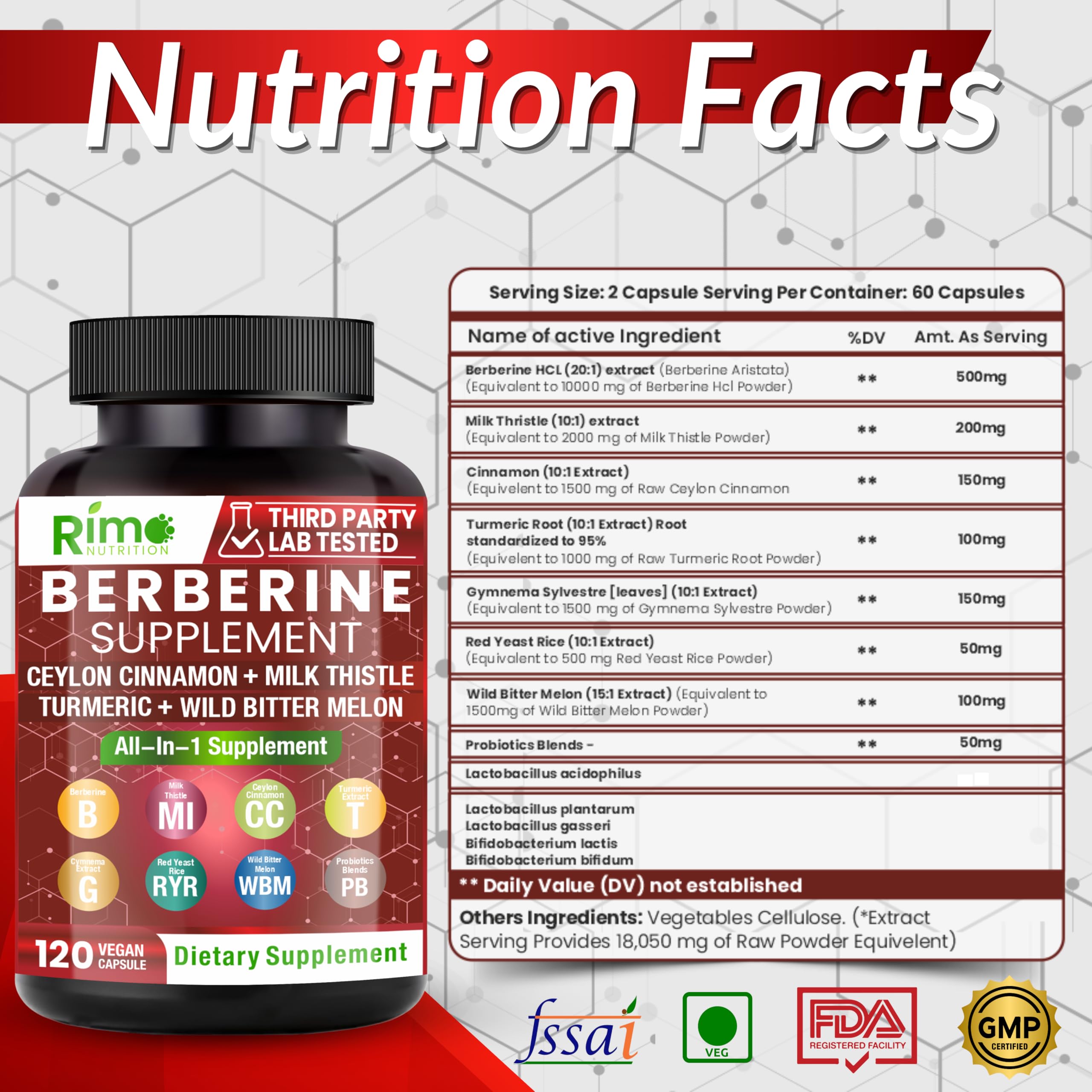 Rimo Nutrition berberine cinnamon blend packaging highlights natural ingredients for daily use.