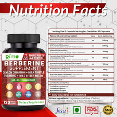 Rimo Nutrition berberine cinnamon blend packaging highlights natural ingredients for daily use.