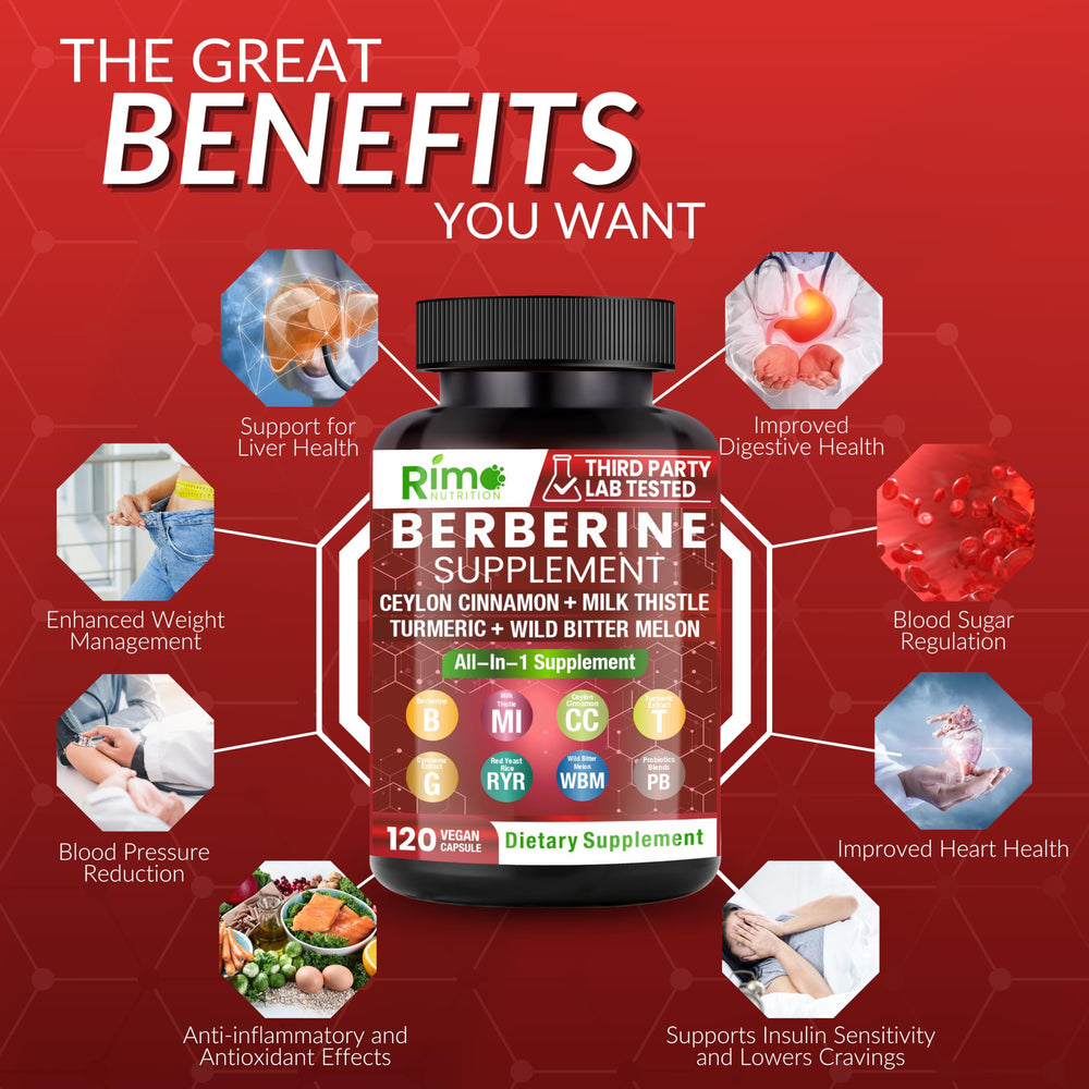 Rimo Nutrition 8-in-1 blend label showcases diverse botanicals for a convenient routine.