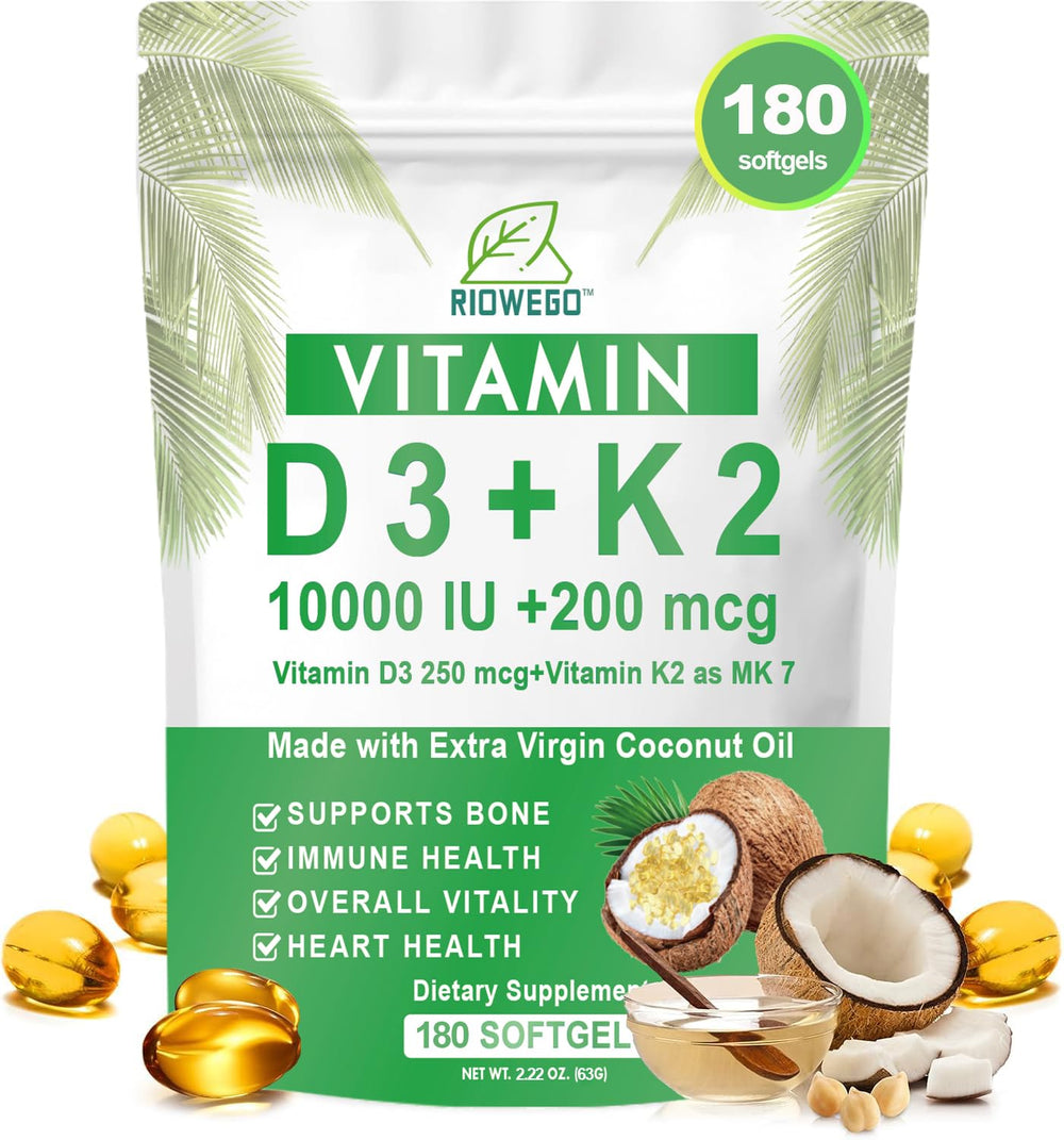 RIOWEGO Vitamin D3 + K2 softgels close-up for daily bone and heart support.