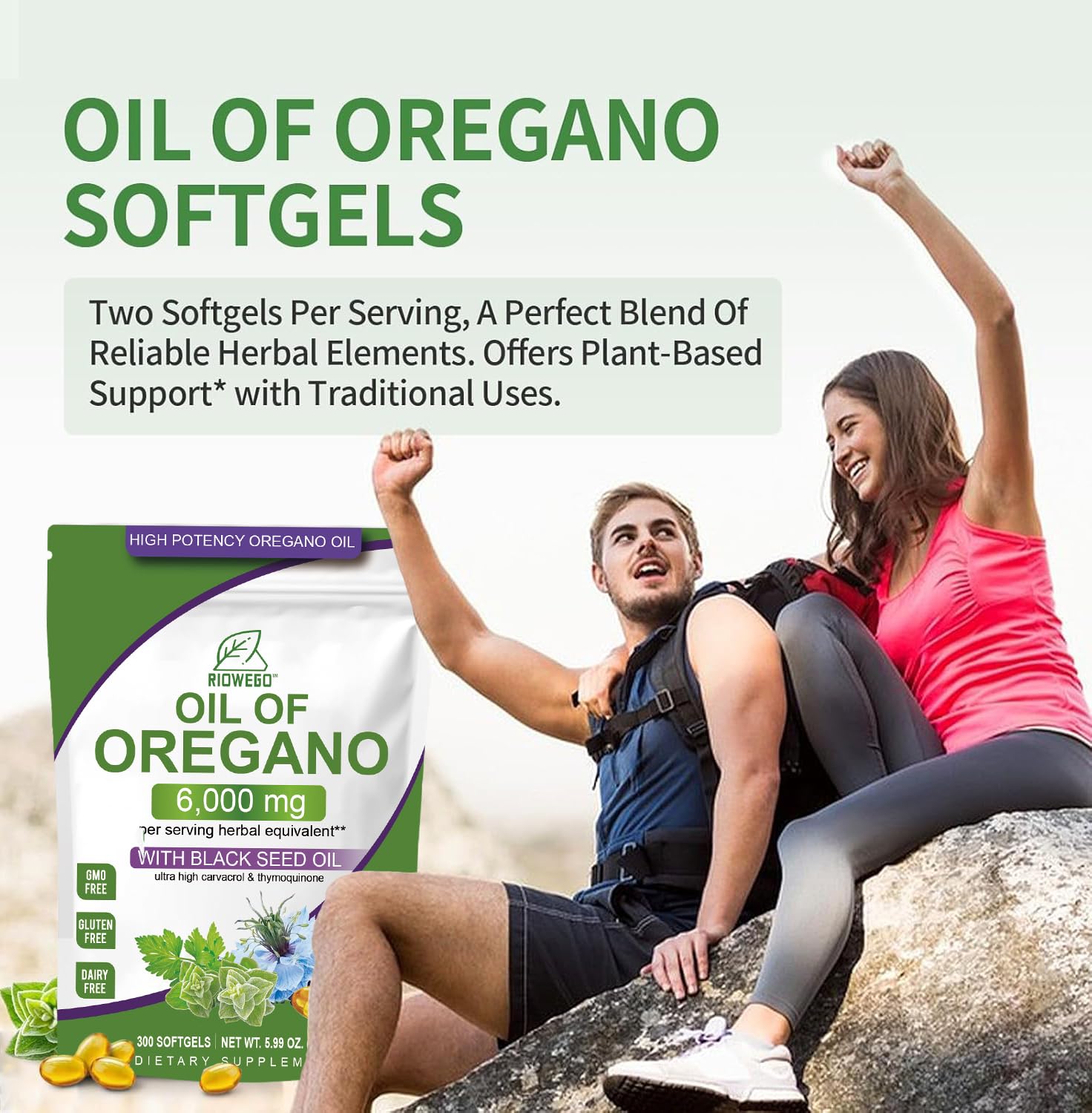 RIOWEGO black seed oil softgel inside indicates dual-action formula.