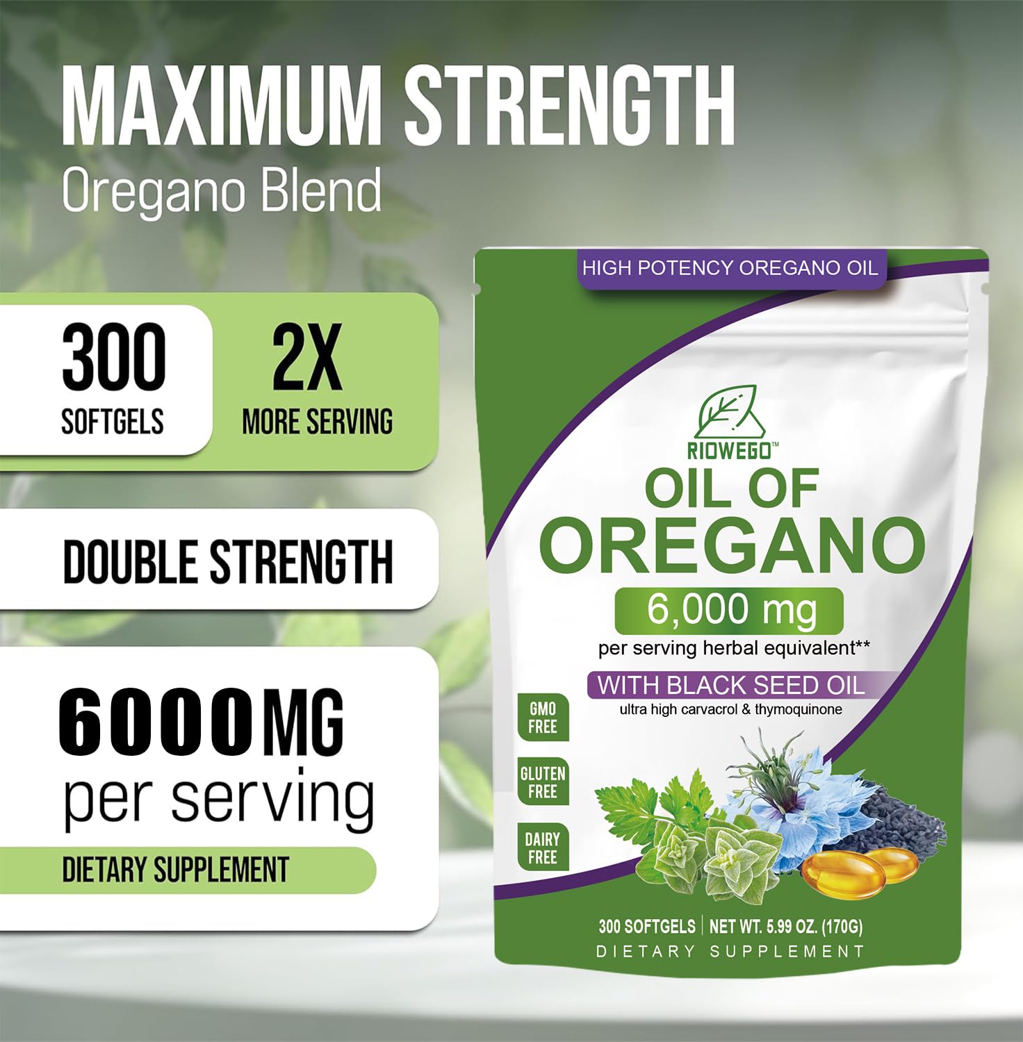 RIOWEGO bottle label communicates non-GMO and gluten-free clarity.