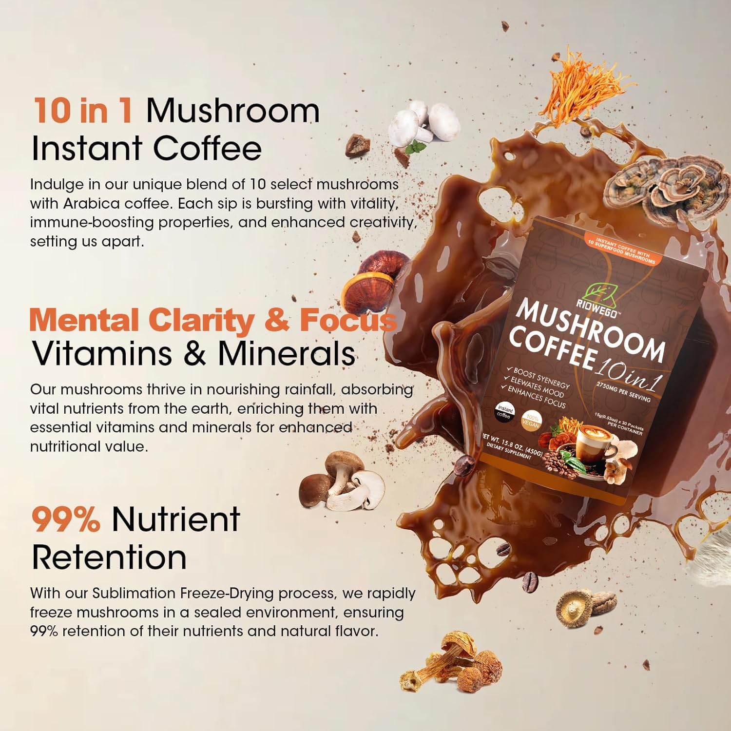 RIOWEGO mushroom coffee collagen glass showcasing skin-friendly benefits