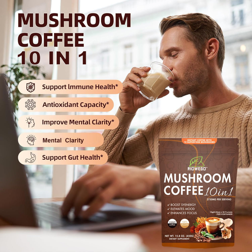 RIOWEGO mushroom coffee ingredients bowl with 10-mushroom blend