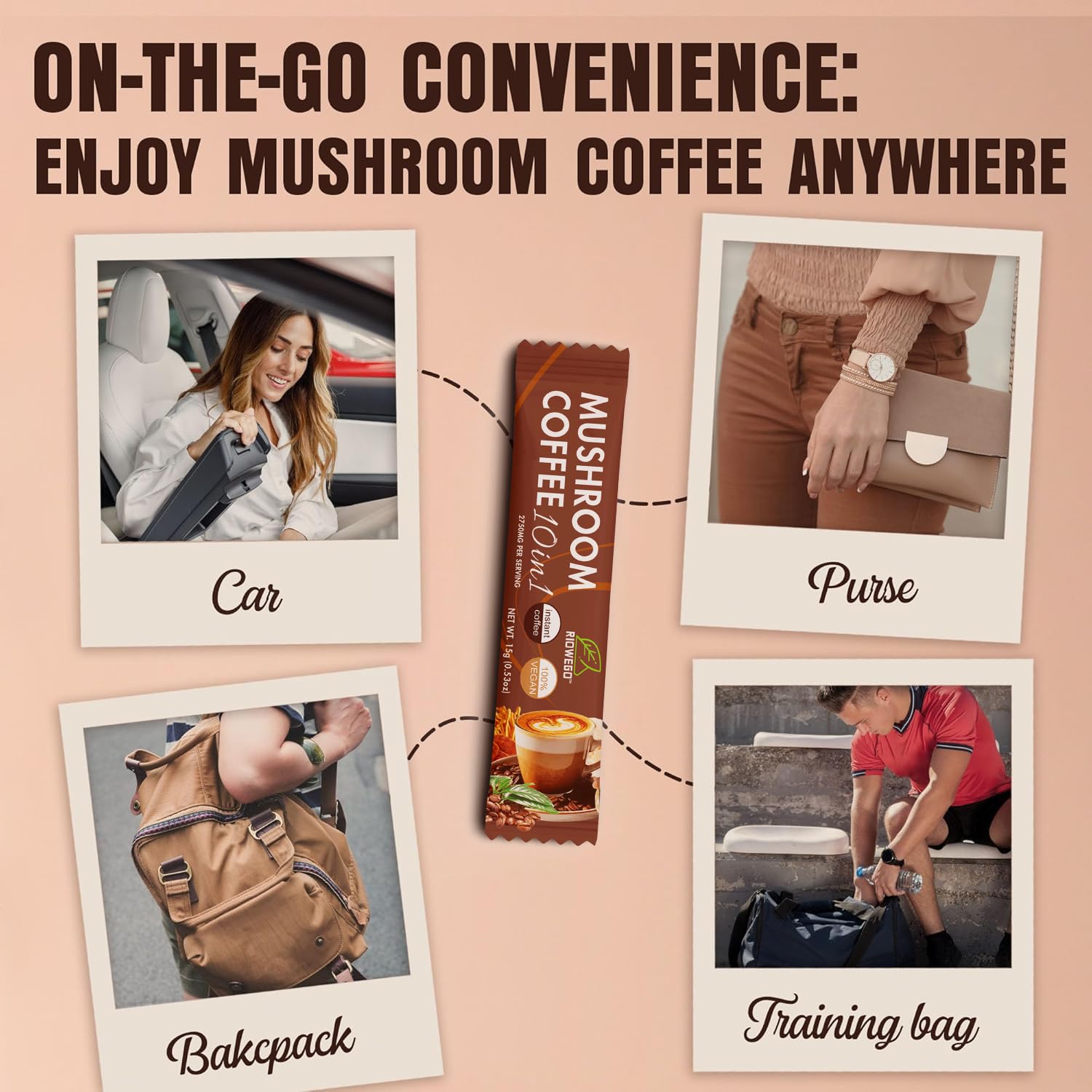 RIOWEGO mushroom coffee organic label highlighting non-GMO and gluten-free