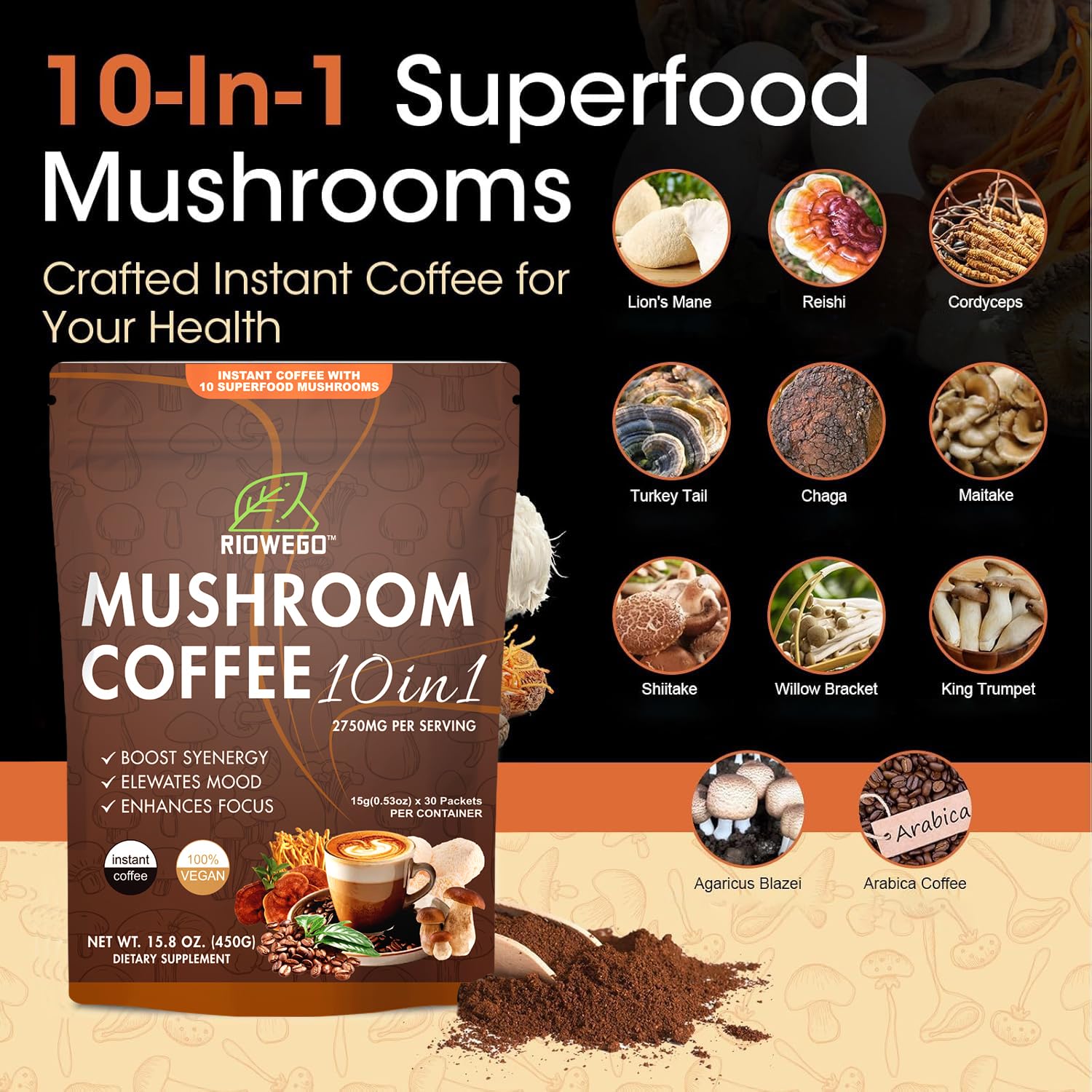 RIOWEGO mushroom coffee packet open for convenient single-serve use