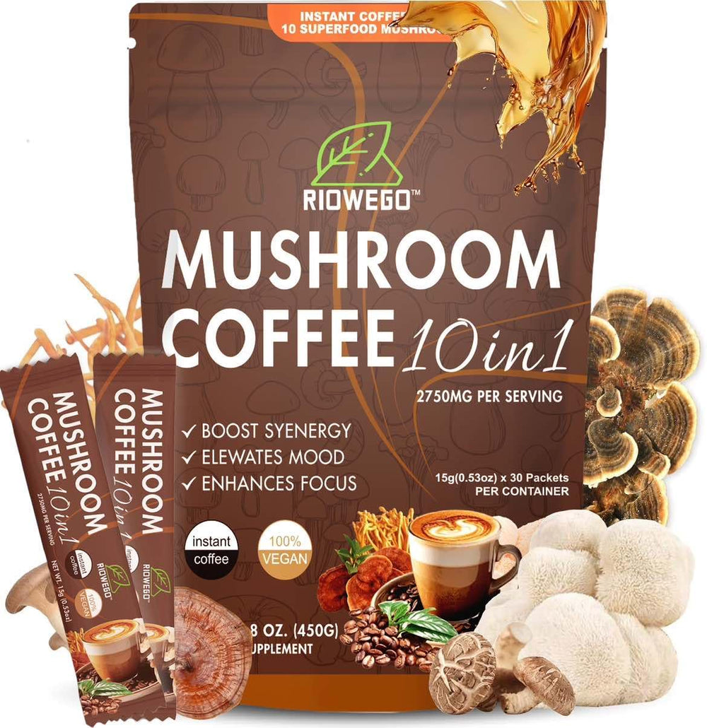 RIOWEGO mushroom coffee stick pack for on-the-go energy and focus