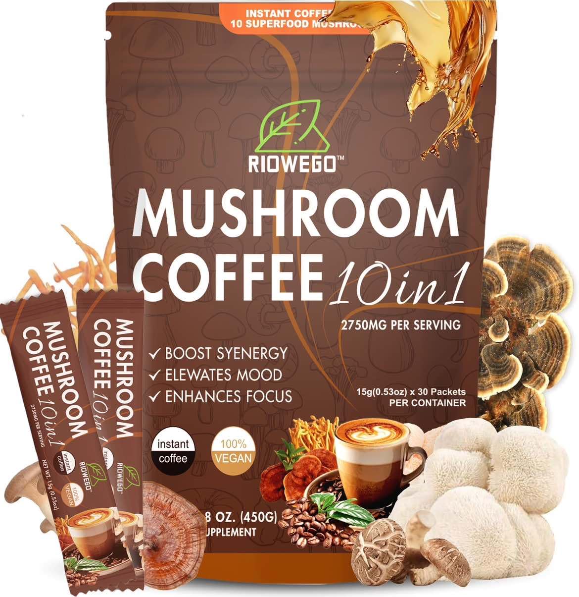 RIOWEGO mushroom coffee stick pack for on-the-go energy and focus