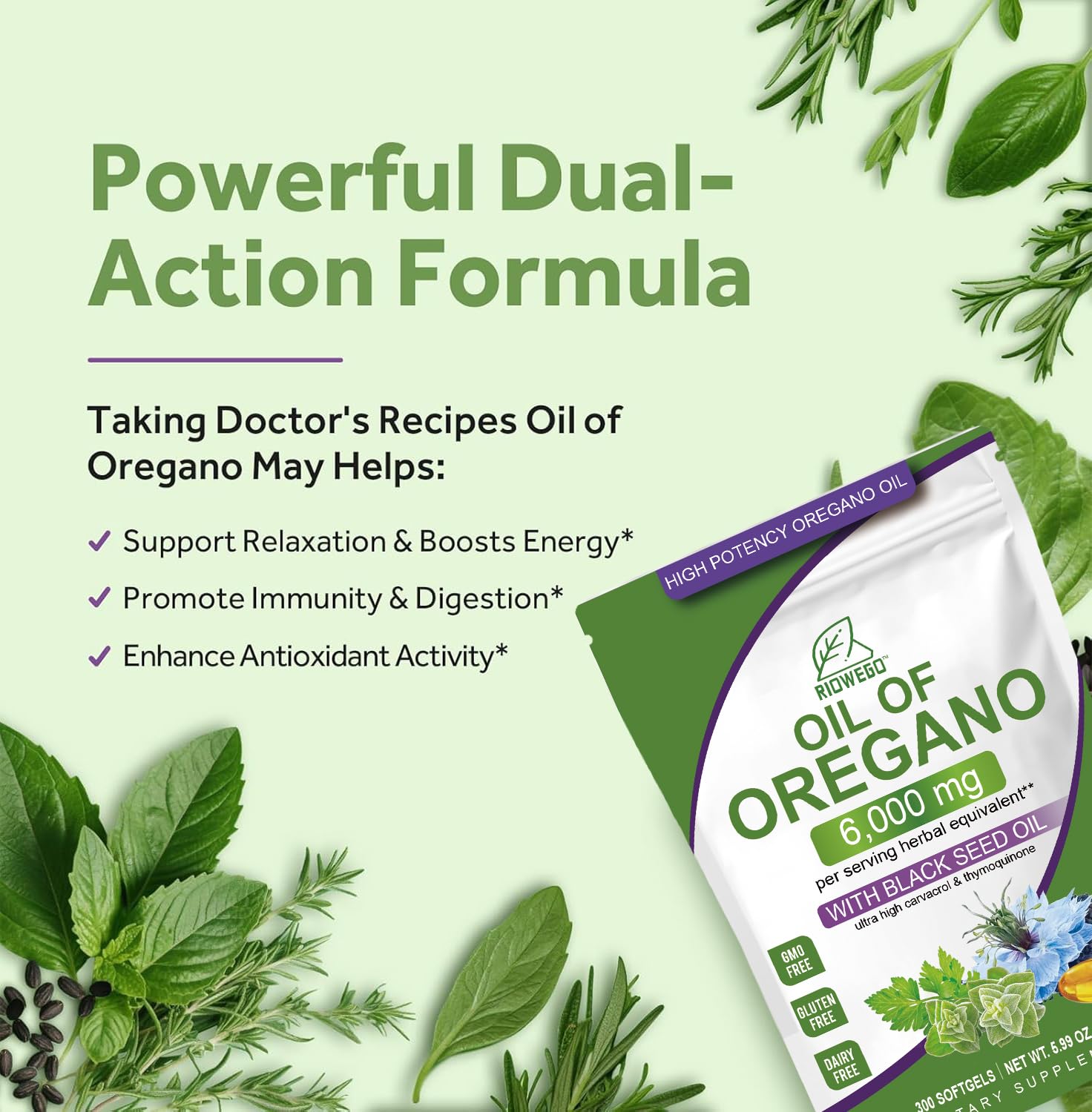 RIOWEGO oregano oil bottle with droplet suggests potent aroma.
