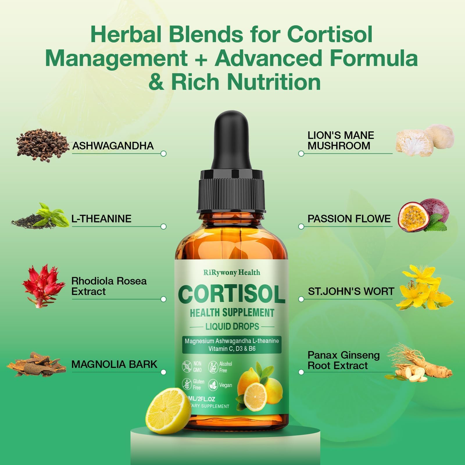 RiRywony Health product features Hericium Erinaceus for cognition alongside cortisol balance