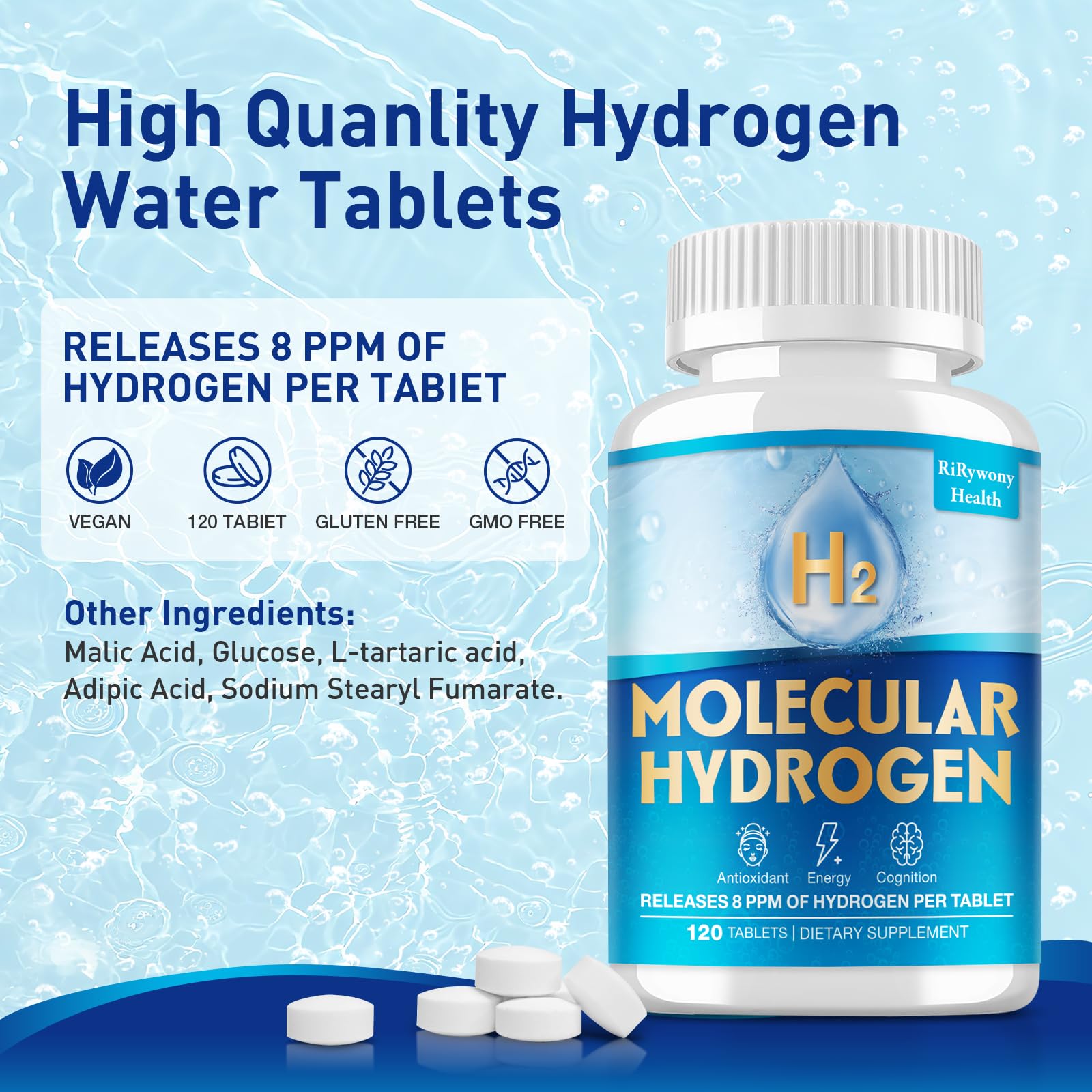 RiRywony Health hydrogen water bubbles forming after tablet drop in a glass.