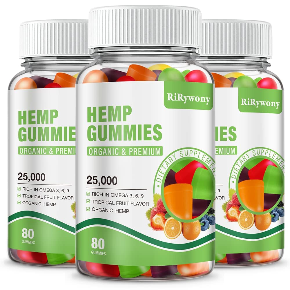 RiRywony Health Omega Gummies bottle showing the hemp-infused formula for daily balance