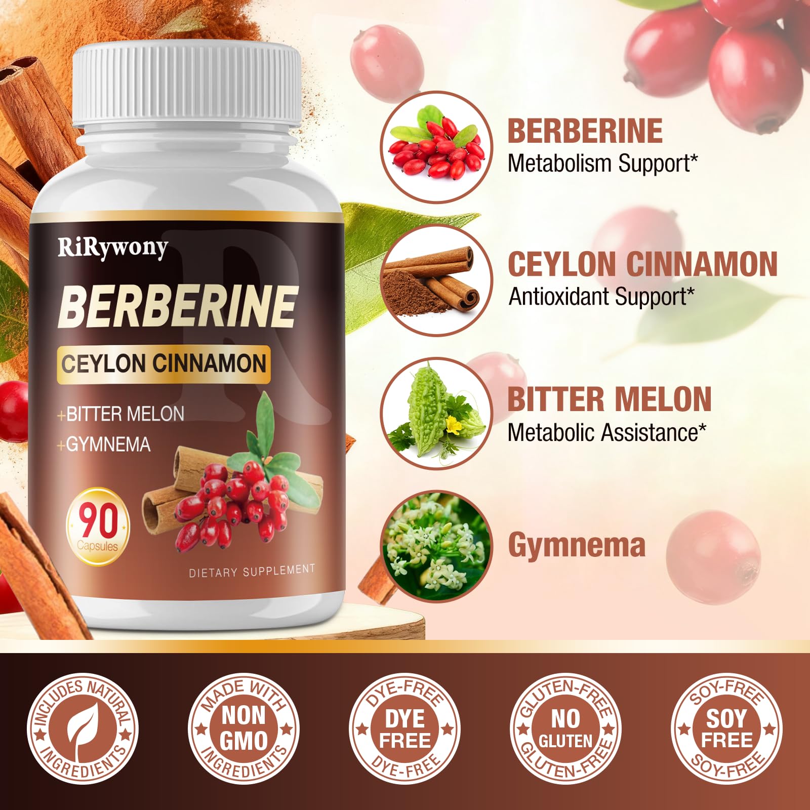 Front of RiRywony Health Berberine packaging highlighting 180 capsules.