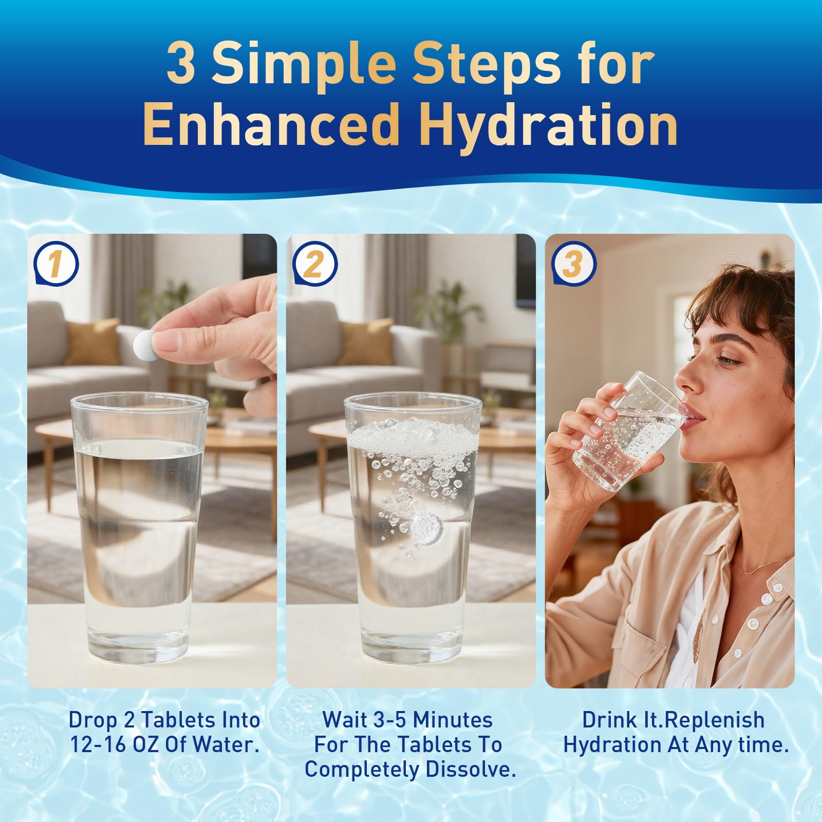 RiRywony Health tablet dissolving in water for quick, convenient hydration.
